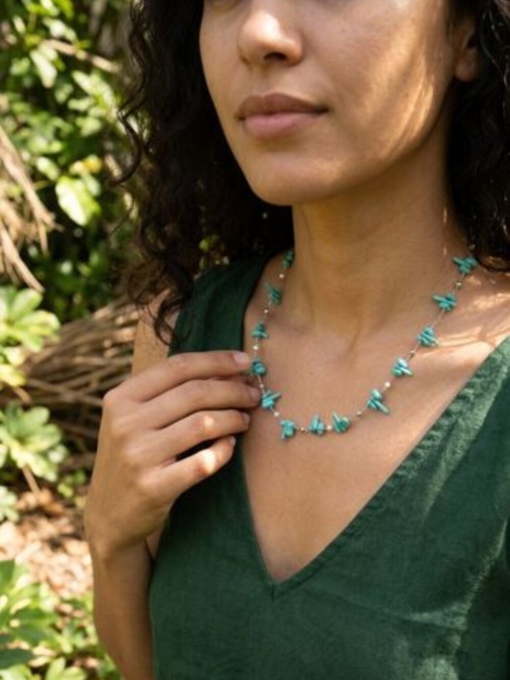 Boho Turquoise Chip & Pearl Beaded Choker Necklace